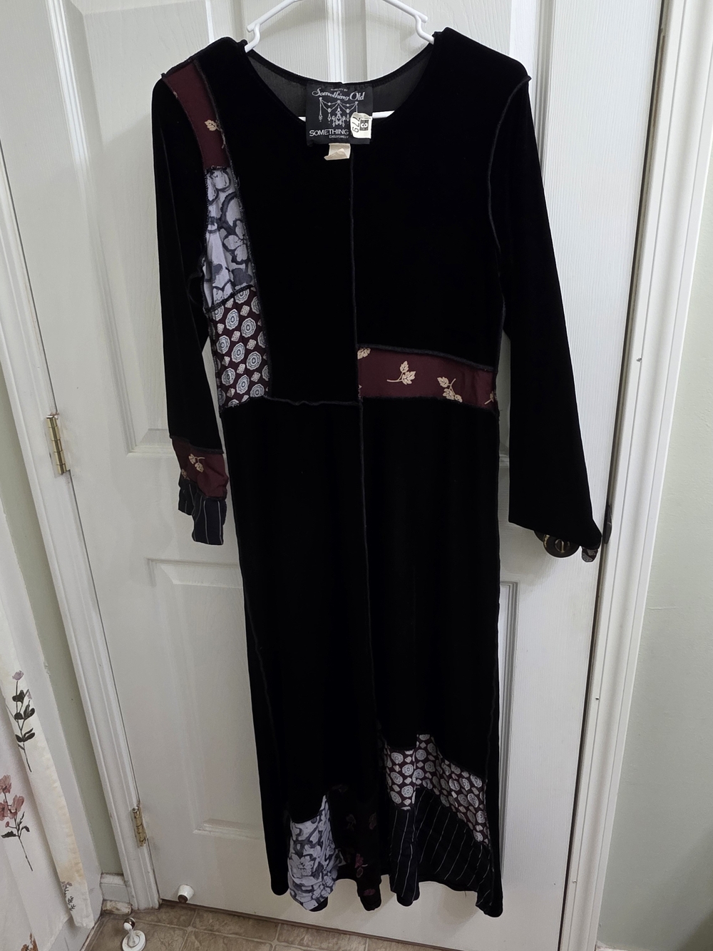 Something Old Black Velvet Maxi Dress with Burgundy Patch Details